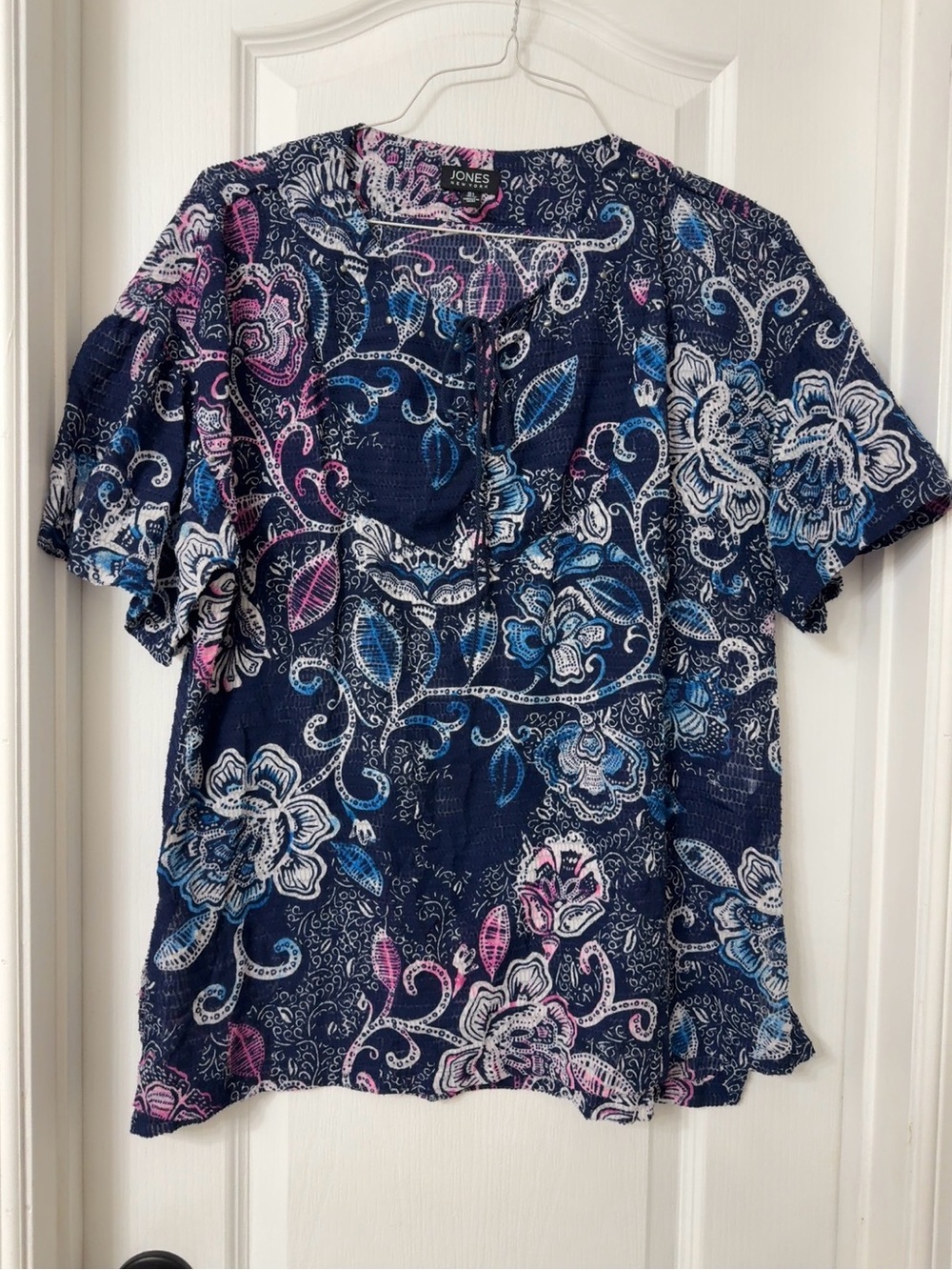 JONES NY Womens Blue Short Sleeve Top Peasant Boho Paisley split Vneck L